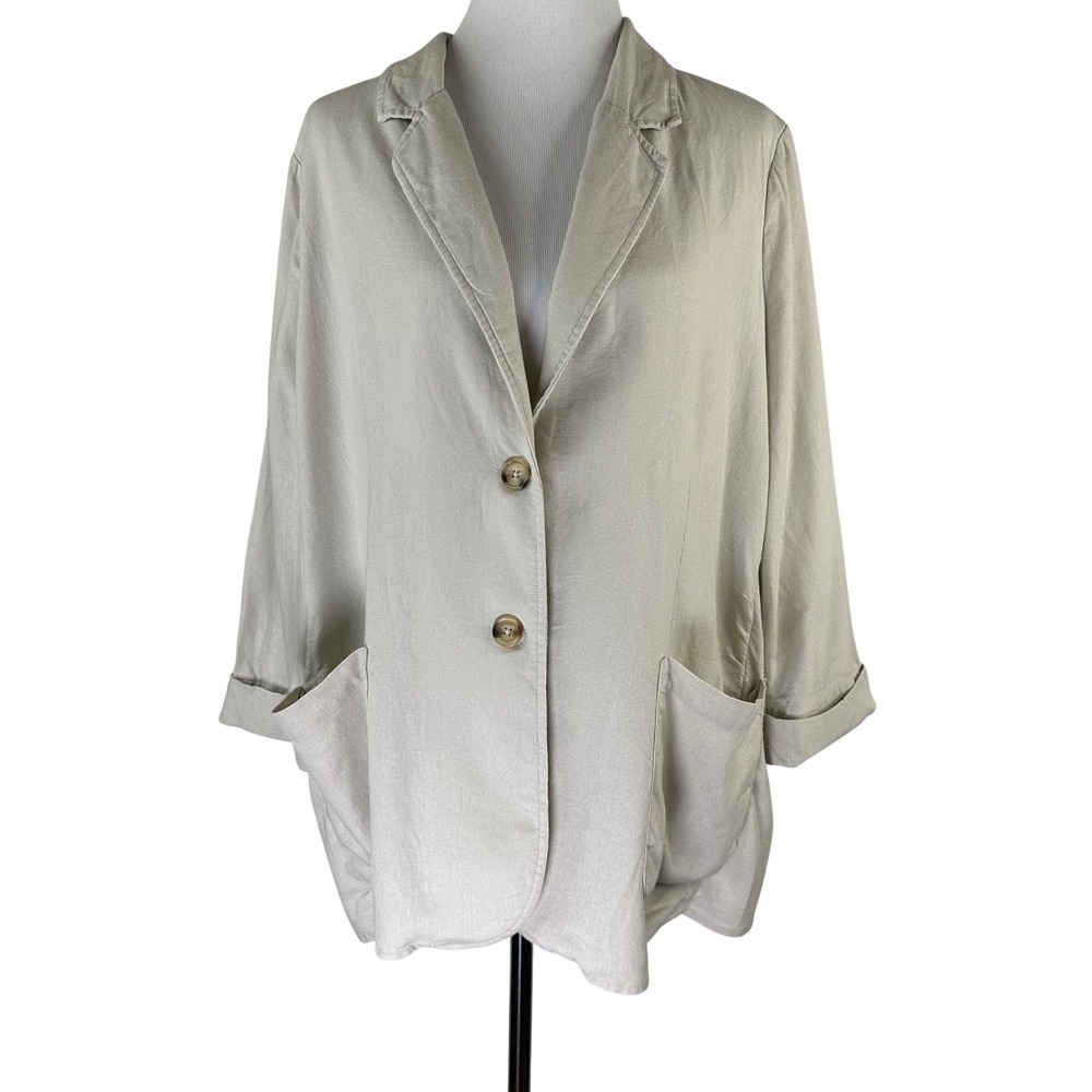 Time and Tru Beige Linen Blend Oversized Blazer Jacket 3/4 Sleeve Womens XXL 20